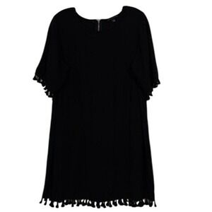 Black Tassel Sleeve & Hem Shift Dress Size S Travel Fall LBD Resortwear Boho